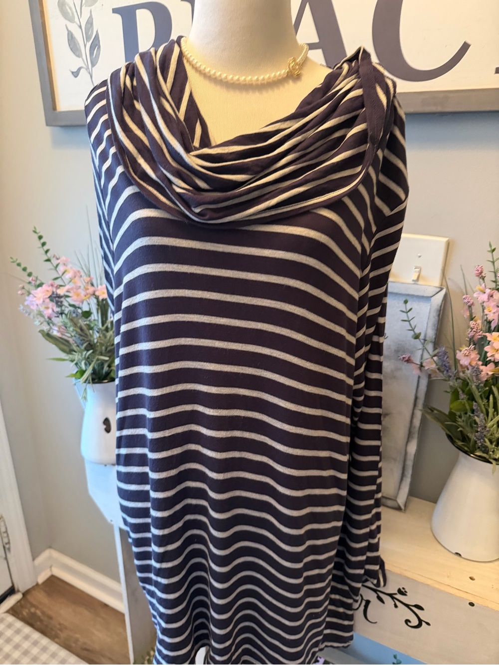 Cupio Navy and Cream Striped Cowl Neck Sweater Dress